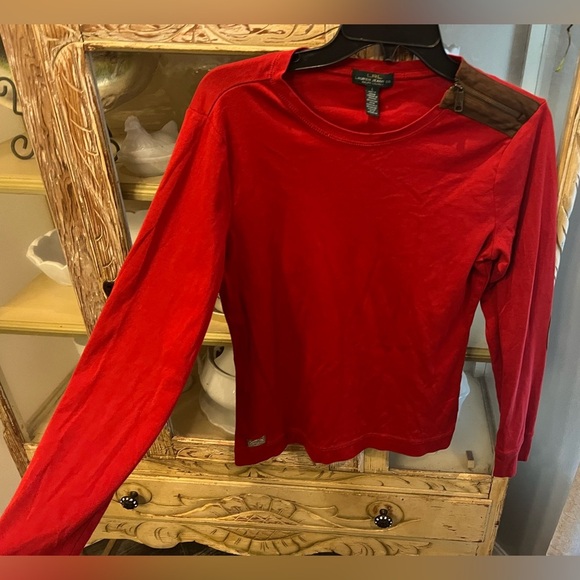 Lauren Ralph Lauren Size Large Red Long Sleeve with Brown Shoulder Zip Detail - Picture 2 of 6